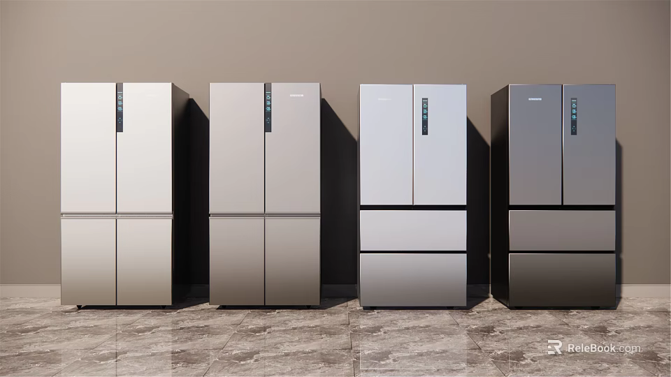Stylish Modern Multi Door Refrigerators in Silver Gray Displayed Side by Side 3d model