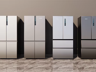 Stylish Modern Multi Door Refrigerators in Silver Gray Displayed Side by Side 3d model