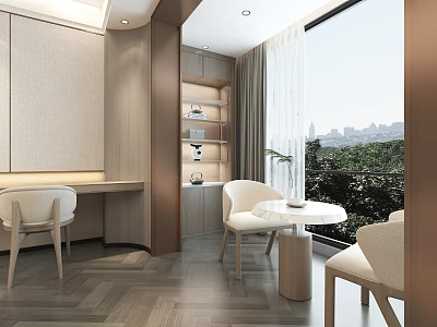 Modern Elegant Hotel Room With Wooden Flooring Large Window Table Chairs Bookshelf And City View 3d model