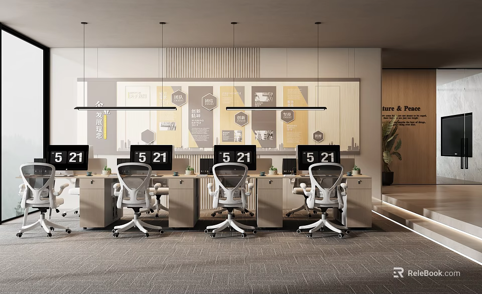 Modern Public Office Space With Ergonomic Workstations Computers Hanging Lights Wall Decor And Potted Plant 3d model 