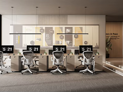 Modern Public Office Space With Ergonomic Workstations Computers Hanging Lights Wall Decor And Potted Plant 3d model
