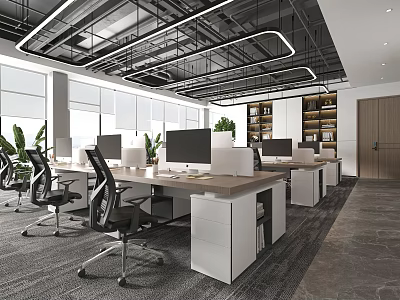 Modern Public Office Interior with Office Desks Computers Ergonomic Chairs Green Plants and Large Windows 3d model