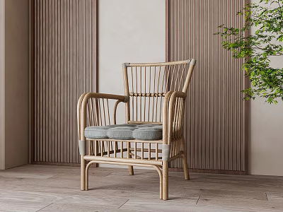 Wicker Leisure Chair with Armrests Soft Cushions Wooden Wall and Floor Green Plant 3d model