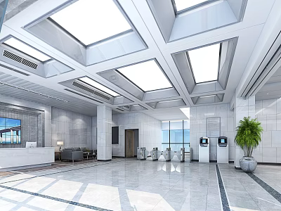 Bright Spacious Service Hall Interior Design With Skylights Reception Counter And Potted Plant 3d model