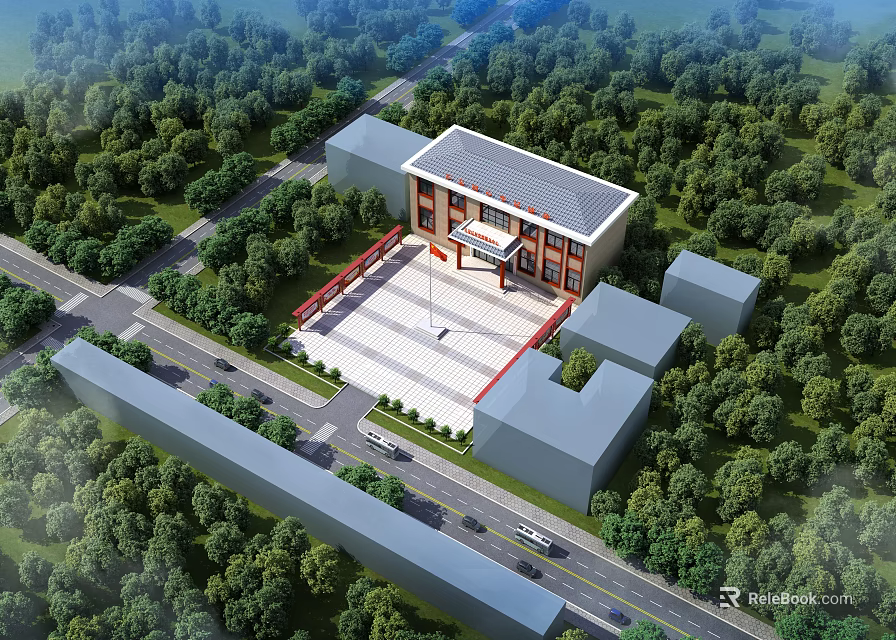 Aerial View Of Modern Building With Plaza Entrance Surrounded By Green Trees 3d model 