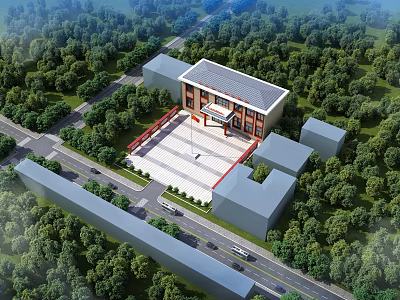 Aerial View Of Modern Building With Plaza Entrance Surrounded By Green Trees 3d model