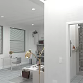 Modern Apartment Interior with Sofa Bed Coffee Table Wall Paintings Windows Floor Lamp and Blinds