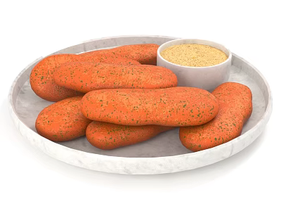 Carrot Shaped Snacks Served On White Marble Plate With Seasoning Powder 3d model
