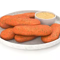 Carrot Shaped Snacks Served On White Marble Plate With Seasoning Powder