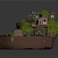 Cartoon Cliffside Scene With Small Houses Green Trees Stream Campfire And Wooden Bridge