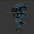 Blue Mech Character With Mechanical Armor And Dual Weapons Standing In Dark Background