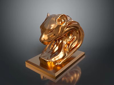 Golden Lion Sculpture On Square Base With Smooth Shiny Surface 3d model