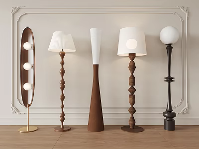 Modern Unique Shaped Floor Lamps with Metal and Wooden Bases and Diverse Designs 3d model