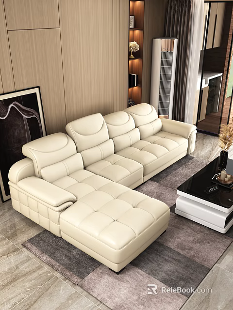 Modern Luxury Beige Leather L shaped Sofa With Black White Coffee Table Set 3d model 