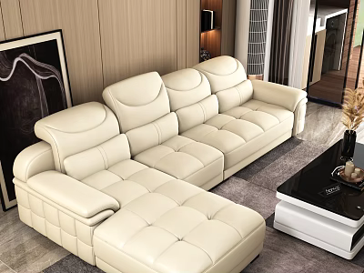 Modern Luxury Beige Leather L shaped Sofa With Black White Coffee Table Set 3d model
