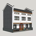 Traditional Chinese Two story Building With White Walls Black Tiles And Red Door Design