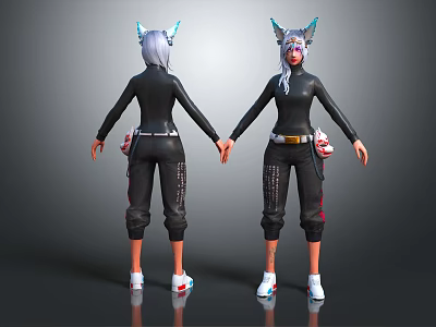 3D Fantasy Character Model with Horns Cat Ears Black Outfit Front Back View Details 3d model