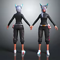 3D Fantasy Character Model with Horns Cat Ears Black Outfit Front Back View Details