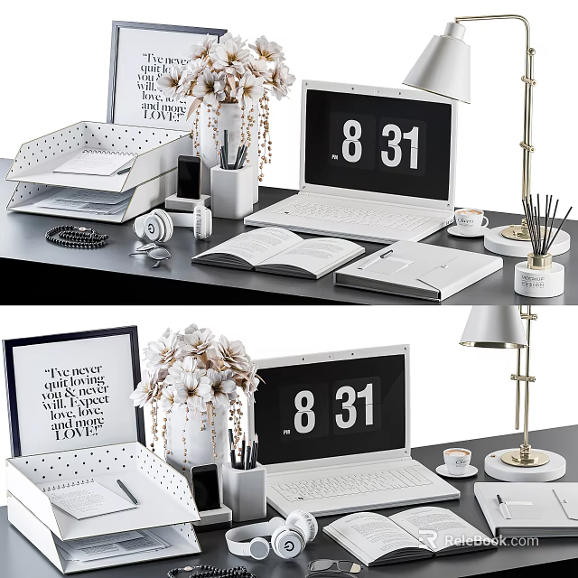 Modern Laptop Desk Setup With 8 31 Digital Clock Open Book Table Lamp And Stationery 3d model 