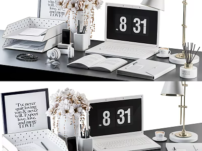 Modern Laptop Desk Setup With 8 31 Digital Clock Open Book Table Lamp And Stationery 3d model
