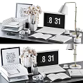 Modern Laptop Desk Setup With 8 31 Digital Clock Open Book Table Lamp And Stationery