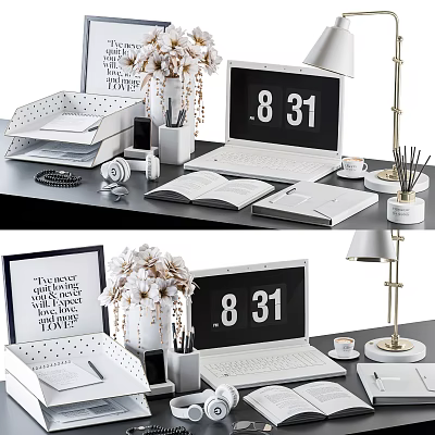 Modern Laptop Desk Setup With 8 31 Digital Clock Open Book Table Lamp And Stationery 3d model