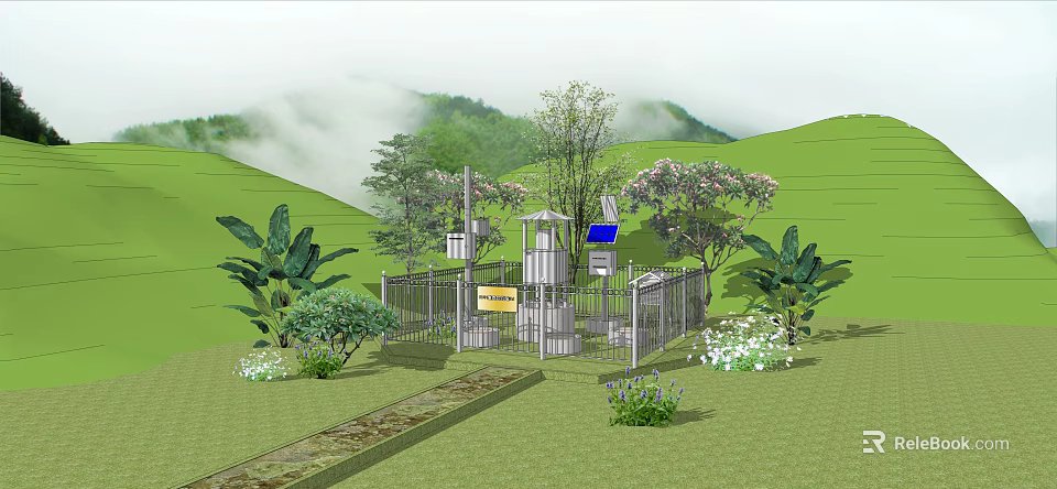 Outdoor Industrial Monitoring Equipment With Fence Surrounded by Green Plants and Trees 3d model 