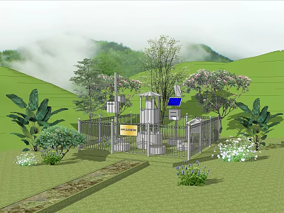 Outdoor Industrial Monitoring Equipment With Fence Surrounded by Green Plants and Trees 3d model