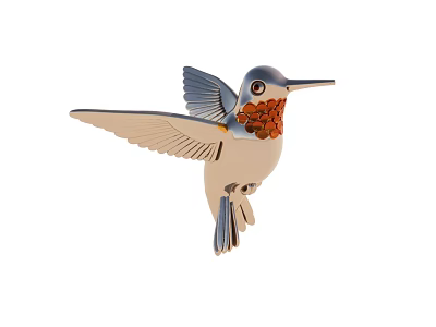 Hummingbird Metal Decorative Ornament With Blue Wings White Body And Orange Chest 3d model