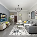 Modern Living Room Interior With Gray Sofa Colorful Cushions Chandelier Decorative Paintings And Green Plant