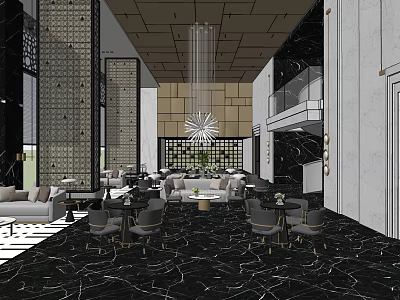 Modern Lounge Area Interior With Sofa Tables Chandelier And Marble Floor 3d model