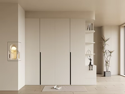 Modern White Wardrobe Design With Open Shelves Plant Rug And Decorative Items 3d model