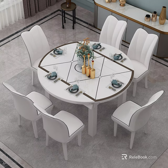 Elegant Round Dining Table Set With White Chairs Tableware Decorative Vase And Candles 3d model