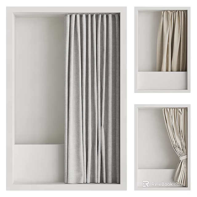 Elegant Curtains In Gray And Beige Soft Fabric With Pleated Design For Home Windows 3d model 