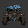 Blue And Brown Armored Military Vehicle With Cannon And Large Off Road Wheels