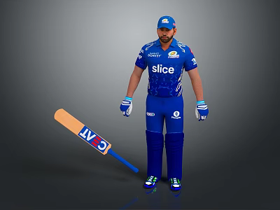 Man In Blue Cricket Uniform With Slice Logo Holding CWC Bat Standing 3d model