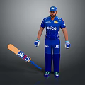 Man In Blue Cricket Uniform With Slice Logo Holding CWC Bat Standing