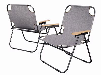 Folding Leisure Chairs with Gray Fabric Seats Wooden Armrests and Black Metal Frames 3d model