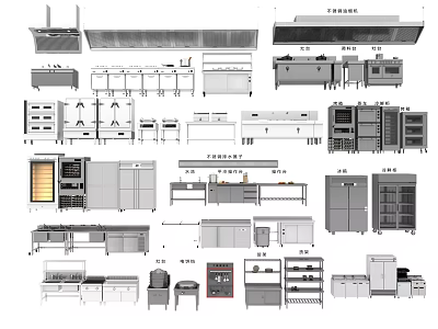 Commercial Kitchen Equipment Including Ovens Worktables Shelves Refrigerators And Hoods 3d model