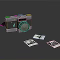 Vintage Electronic Camera With Printed Photos On Black Reflective Surface