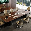 Modern Walnut Conference Table With Ergonomic Beige Chairs Bright Office Large Windows And Forest View