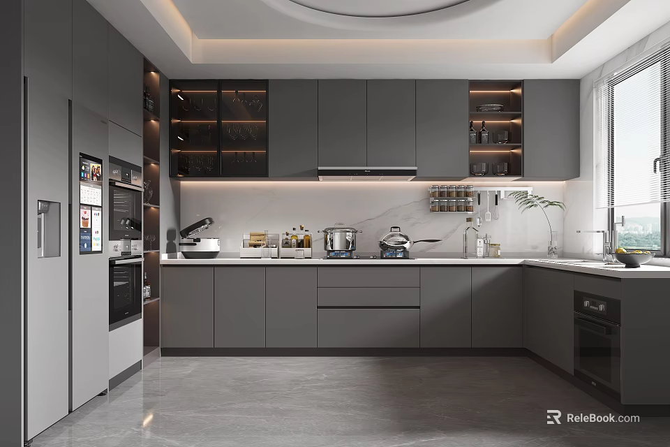 Modern Kitchen Interior Design With Gray Cabinets Built-in Appliances Countertop And Ceiling Lighting 3d model 