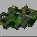 3D Maze Structure With Green Blocks Yellow Pipes Small Trees And White Grid
