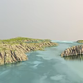 Scenic Garden Landscape With Rocky Cliffs Green Vegetation And Calm Water