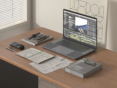 Laptop On Wooden Desk Workspace With Notebook Pen Mouse And Stationery Items 3d model