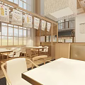 Wooden Open Layout Restaurant Interior With Tables Chairs Hanging Posters And Natural Light