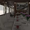 Luxury Train Carriage Interior With Comfortable Sofas Large Windows Wooden Bar Counter And Chandeliers