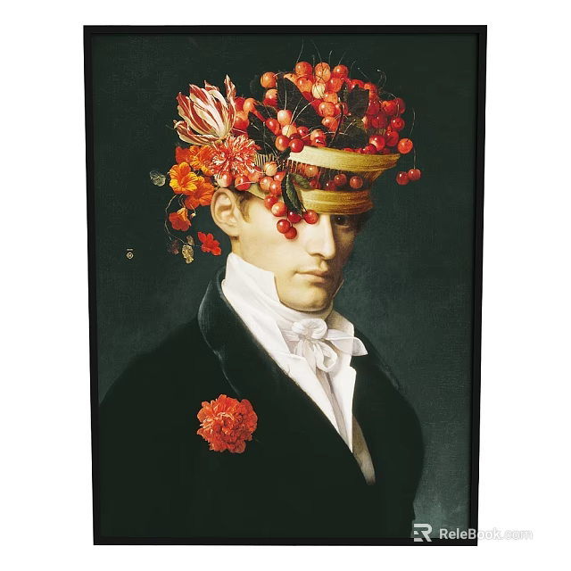 Portrait Painting of Man Wearing Floral Fruit Headdress Black Coat and White Bow 3d model 