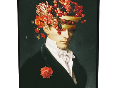 Portrait Painting of Man Wearing Floral Fruit Headdress Black Coat and White Bow 3d model