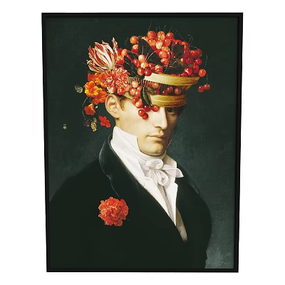 Portrait Painting of Man Wearing Floral Fruit Headdress Black Coat and White Bow 3d model